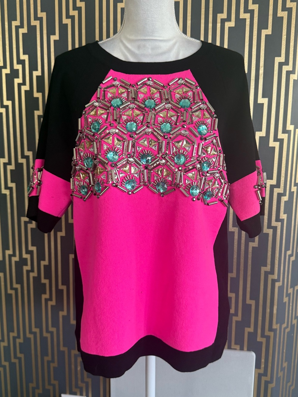 Milly Hot Pink and Black Jeweled Short Sleeve Top